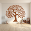 The Heirloom Family Tree Wall Mural in a Nursery. Brown family tree wall sticker on a white wall with toys and dolls on the floor.