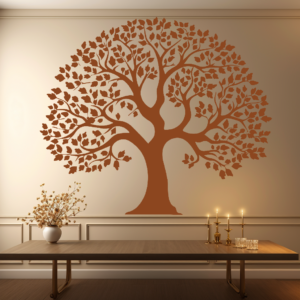 The Heirloom Family Tree Wall Mural in a Home. Brown colored wall stick on a light brown wall just above a decorative table.