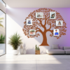 The Heirloom Family Tree Wall Mural in a Living room with Picture Frames. Brown colored family tree wall sticker on a light white-purple wall next to a sofa and potted plants in a well lit room.