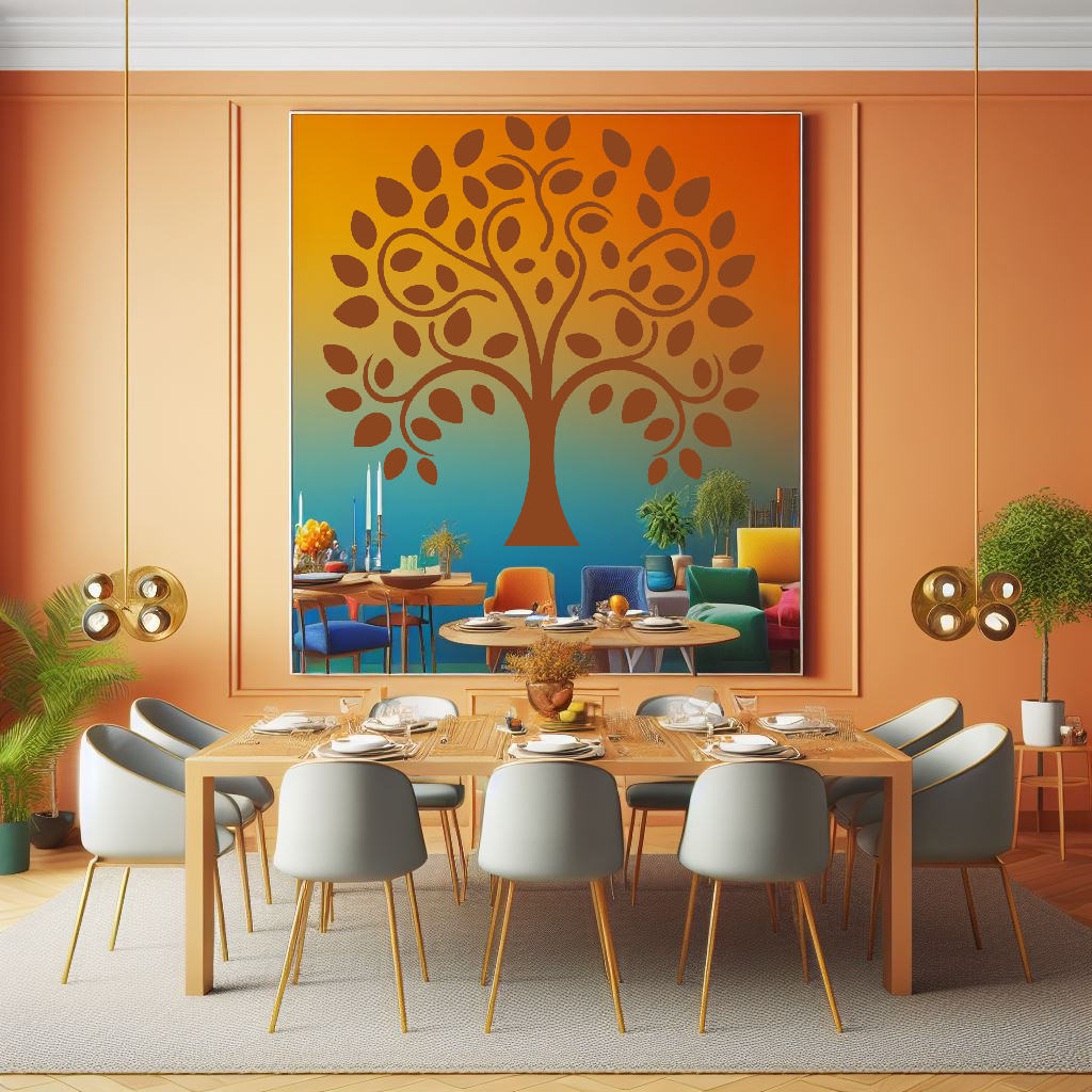 Timeless Odyssey Family Tree Wall Mural in a dining room. Orange family tree wall sticker on a colorful canvas mounted on an orange wall just above a large dining table.