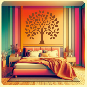 Timeless Odyssey Family Tree Wall Mural in a Bed room. Orange family tree wall sticker on a brightly colored wall (red-orange-yellow hues) just above a bed.