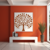 Timeless Odyssey Family Tree Wall Mural in a home. Orange family tree wall sticker on a white canvas mounted on an orange wall next to a window.