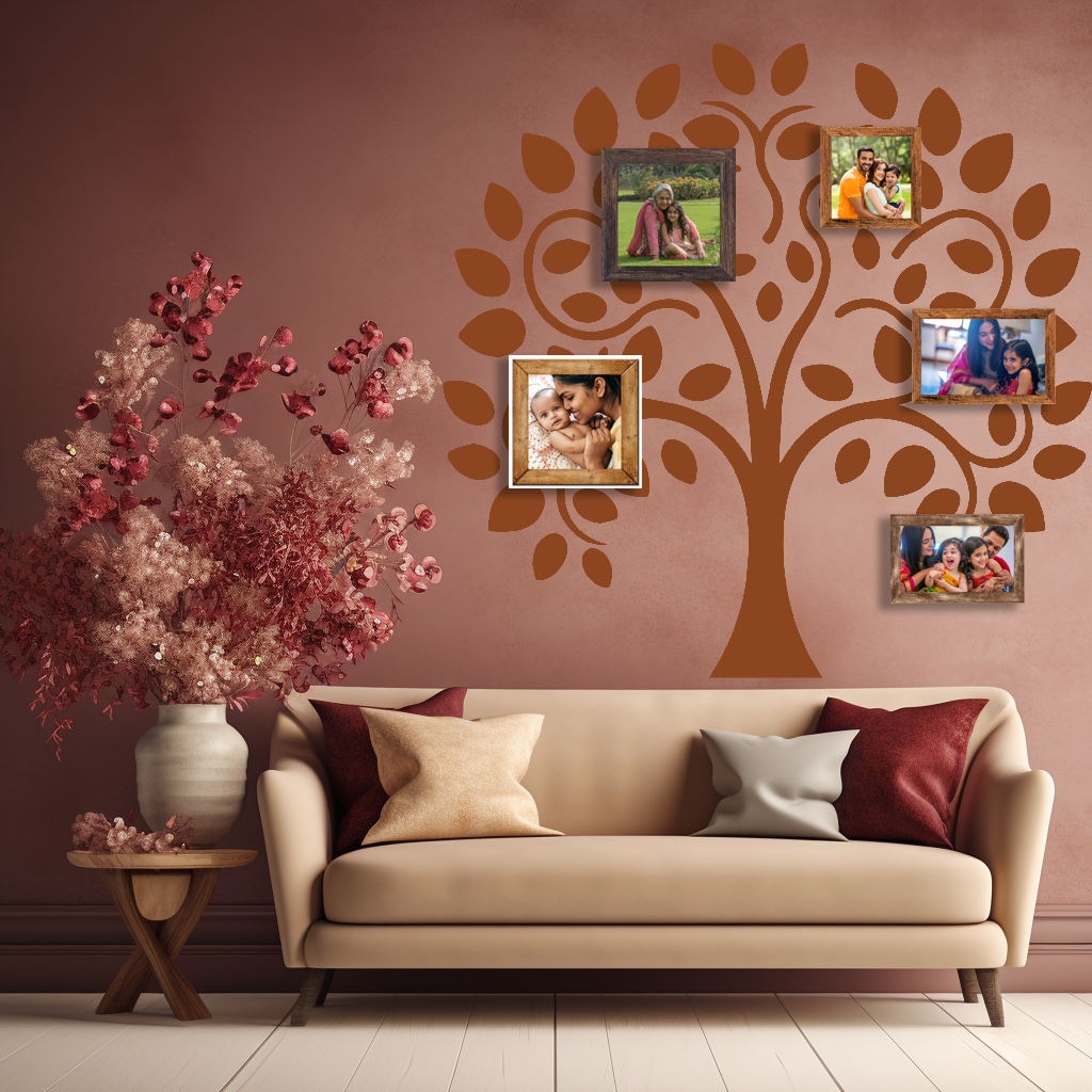 Timeless Odyssey Family Tree Wall Mural in a Living room with photo frames. Orange family tree wall sticker on a light red wall just above a sofa, next to a large flower vase.