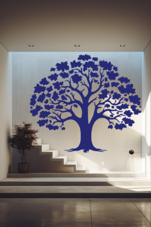 Timeless Unity Family Tree Wall Mural in a home. Blue family tree wall sticker on a white wall next to a staircase.