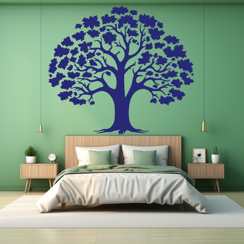 Timeless Unity Family Tree Wall Mural in a bedroom. Blue family tree wall sticker on a green wall just above a bed.