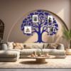 Timeless Unity Family Tree Wall Mural in a living room with photo frames. Blue family tree wall decal on a light brown wall just above a large sofa set in a well lit room.
