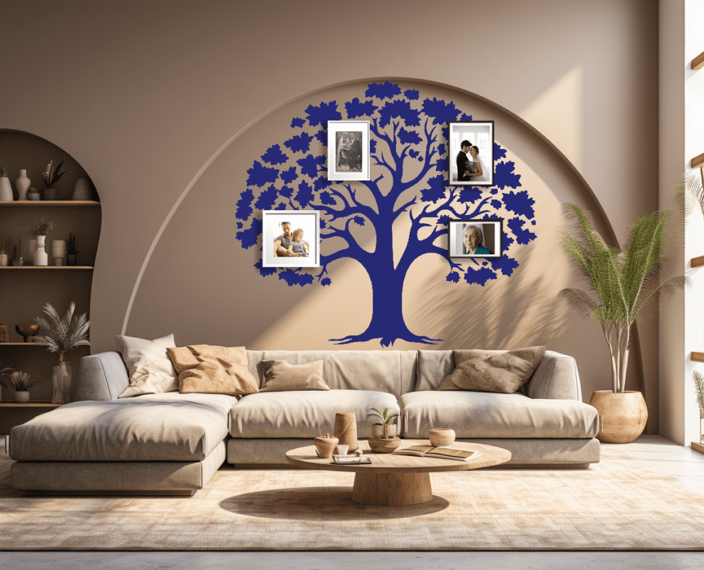 Timeless Unity Family Tree Wall Mural in a living room with photo frames. Blue family tree wall decal on a light brown wall just above a large sofa set in a well lit room.