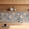 Embossed Mother of Pearl tile backsplash installed on the wall of a kitchen with wooden cabinets and grey stone countertop.