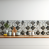 Black and White Metallic Inlay Marble tile backsplash installed on the wall of a kitchen with wooden countertop.
