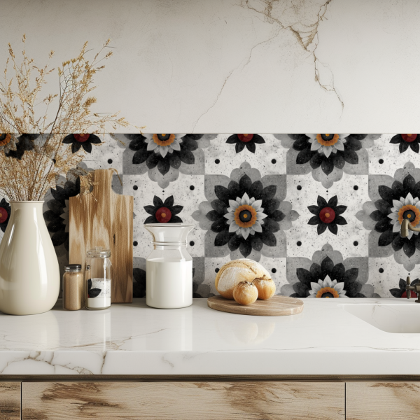 Black and White Floral Terrazzo tile backsplash installed on the wall of a kitchen with grey wooden cabinets and white stone countertop.