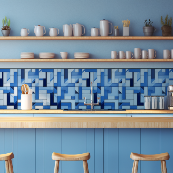 Blue and White Geometric tile backsplash installed on the wall of a bright blue themed kitchen with wooden countertop.