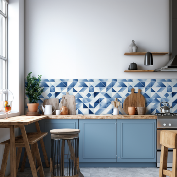 Blue and White Irregular tile backsplash installed on the wall of a kitchen with blue wooden cabinets and stone countertop.