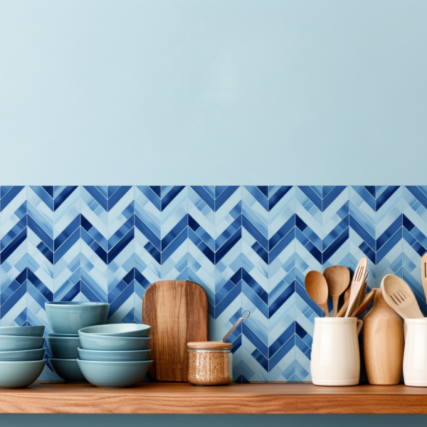 Blue and White Wavy tile backsplash installed on the wall of a kitchen with wooden countertop.