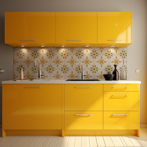 Bold Yellow Astra tile backsplash installed on the wall of a yellow themed kitchen with white countertop.