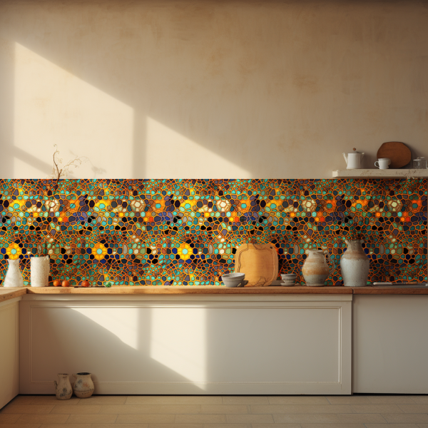 Bright Gemstones tile backsplash installed on the wall of a kitchen with wooden countertop.