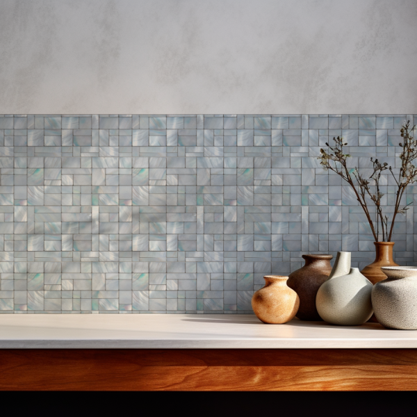 Mother-of-Pearl tile backsplash installed on the wall of a kitchen with a white stone countertop.