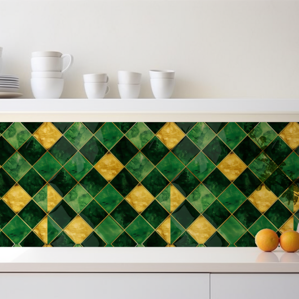 Dreamy Green and Golden Diamond tile backsplash installed on the wall of a kitchen with white stone countertop.