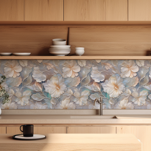 Embossed Mother of Pearl tile backsplash installed on the wall of a kitchen with wooden cabinets and grey stone countertop.