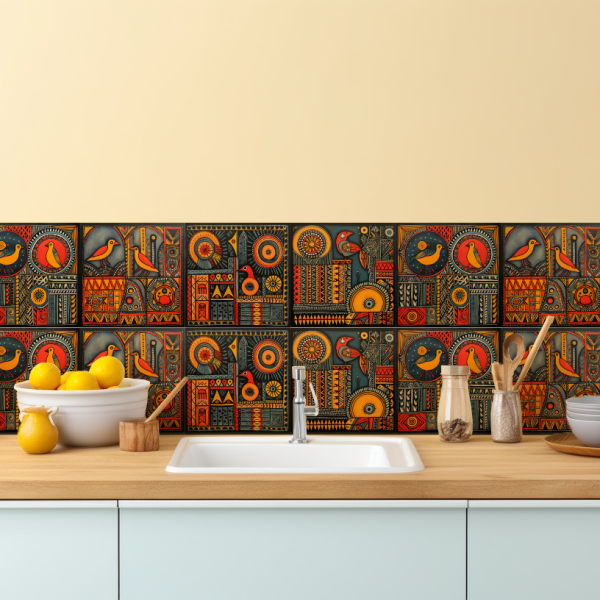 Geometric Madhubani tile backsplash installed on the wall of a kitchen with white cabinets, wooden countertop and a wash basin.