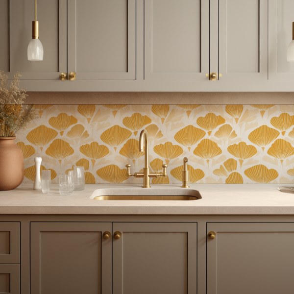 Gold Boho Fan tile backsplash installed on the wall of a beautiful kitchen.