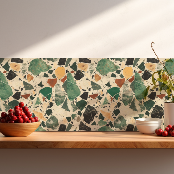 Green Stones Terrazzo tile backsplash installed on the wall of a kitchen with wooden countertop.