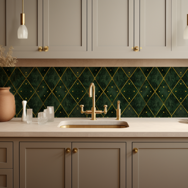 Green and Gold Rhombus tile backsplash installed on the wall of a kitchen with grey wooden cabinets and white stone countertop.