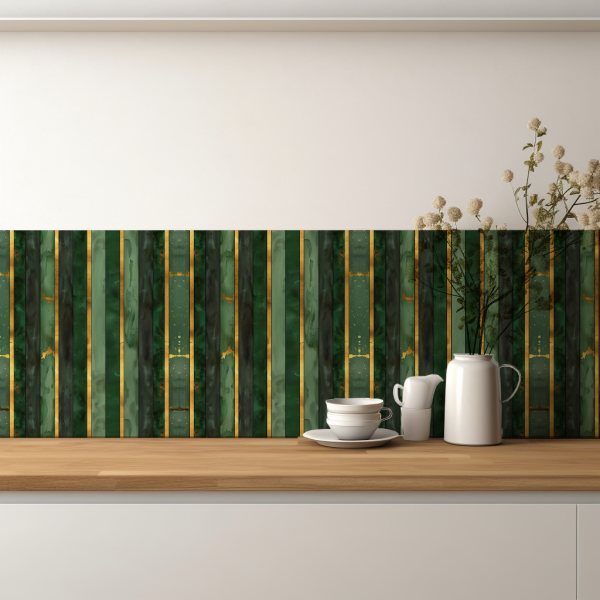 Green and Gold Vertical Stripes tile backsplash installed on the wall of a kitchen with wooden countertop.