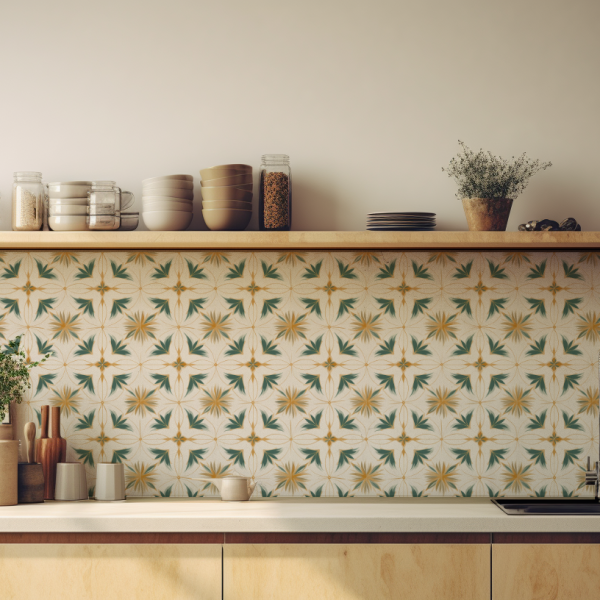 Green and Yellow Floral tile backsplash installed on the wall of a bright kitchen with wooden cabinets and white stone countertop.
