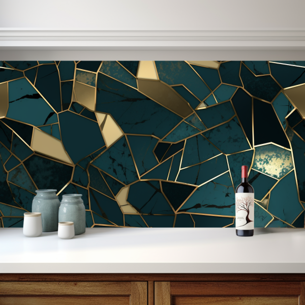 Green and Gold Crystaline tile backsplash installed on the wall of a kitchen with white stone countertop.