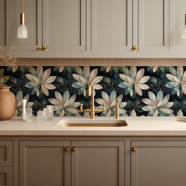 Inlay Floral Mother of Pearl tile backsplash installed on the wall of a kitchen with grey wooden cabinets and white stone countertop.