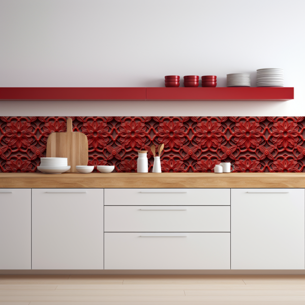 Japanese Embossed tile backsplash installed on the wall of a kitchen with white cabinets and wooden countertop.
