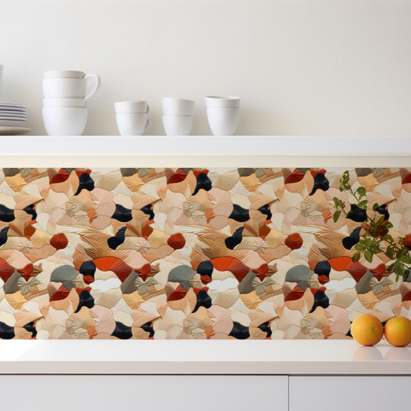 Japanese Quilt Canvas tile backsplash installed on the wall of a kitchen with white stone countertop.