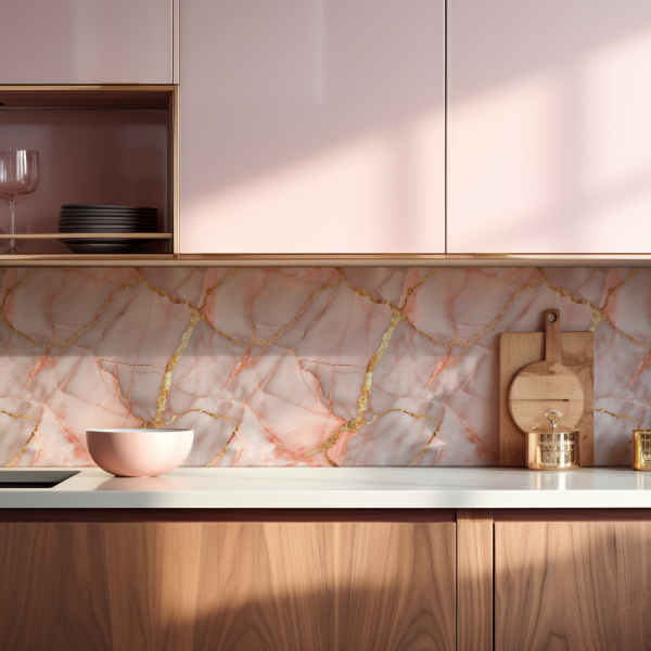 Light Rose Marble tile backsplash installed on the wall of a kitchen with wooden cabinets and white stone countertop.