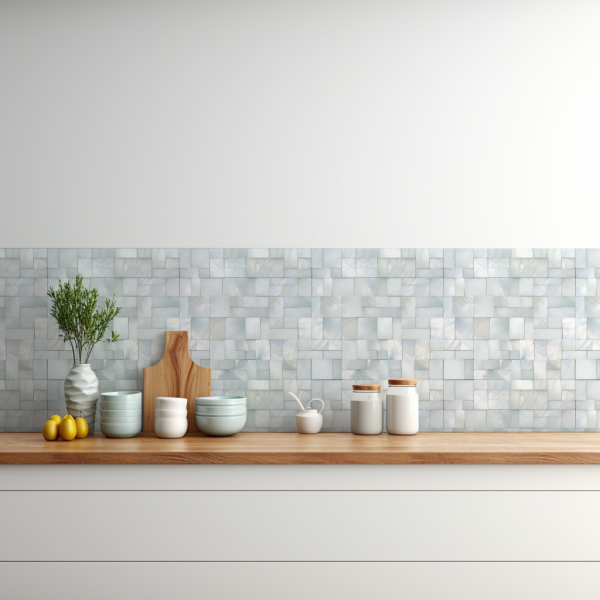 Light Mother-of-Pearl tile backsplash installed on the wall of a kitchen with white cabinets and wooden countertop.