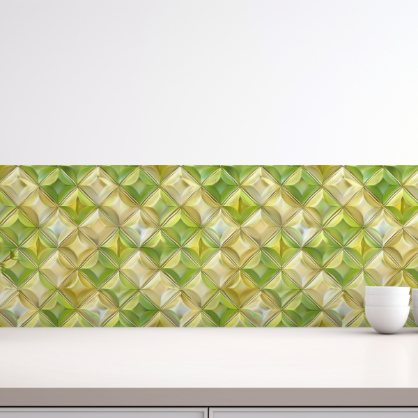 Lime green and champagne gold Diamond tile backsplash installed on the wall of a kitchen with off white stone countertop.