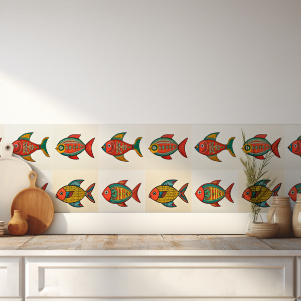 Madhubani Fishes tile backsplash installed on the wall of a kitchen.