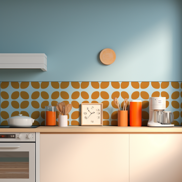 Modern Orange tile backsplash installed on the wall of a kitchen with wooden countertop.