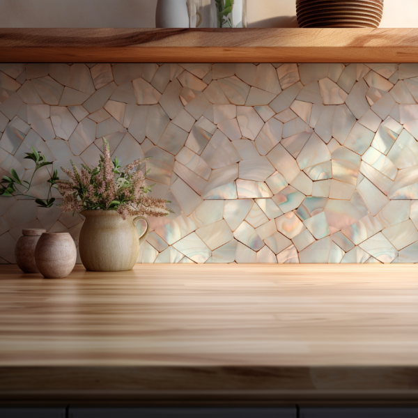 Mosaic Mother of Pearls tile backsplash installed on the wall of a kitchen with wooden countertop.