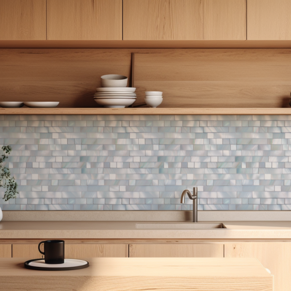 Mother-of-Pearl tile backsplash installed on the wall of a kitchen with wooden cabinets and stone countertop.