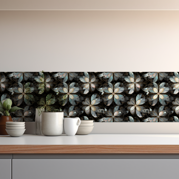 Mother of Pearl Garden tile backsplash installed on the wall of a kitchen with grey wooden cabinets and white wooden countertop.