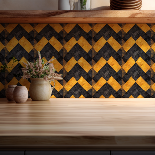 Mustard yellow and charcoal grey Argyle tile backsplash installed on the wall of a kitchen with wooden countertop.