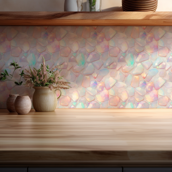 Opalescent tile backsplash installed on the wall of a kitchen with wooden countertop.