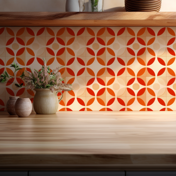 Orange Geometric tile backsplash installed on the wall of a kitchen with wooden countertop.