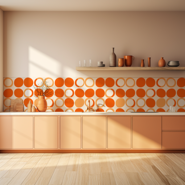 Orange and Yellow Modern tile backsplash installed on the wall of a kitchen with wooden cabinets and stone countertop.