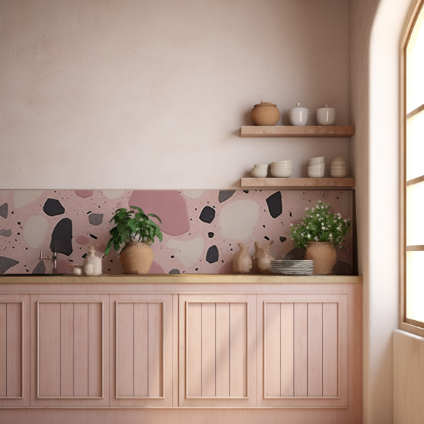 Pink Black and White Terrazzo tile backsplash installed on the wall of a kitchen with wooden cabinets and countertop.