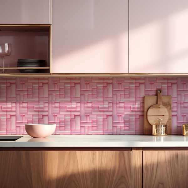 Pink Rectangular Pebbles tile backsplash installed on the wall of a kitchen with wooden cabinets and white stone countertop.