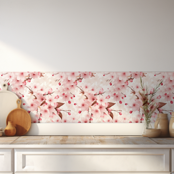 Pink Sakura Cherry Blossoms tile backsplash installed on the wall of a sunlight lit kitchen with stone countertop.