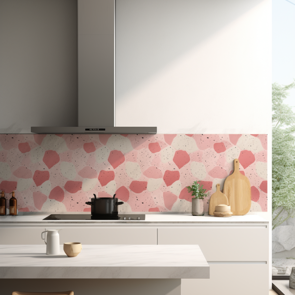 Pink Terrazzo tile backsplash installed on the wall of a kitchen with white cabinets and countertop.