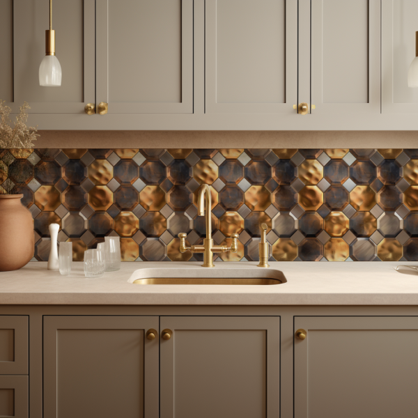 Polished Metal Hexagons tile backsplash installed on the wall of a kitchen with grey wooden cabinets and white stone countertop.