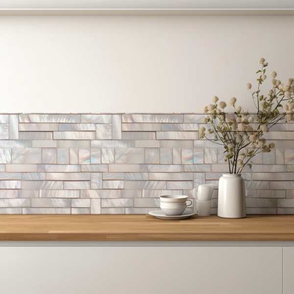 Shimmering Mother of Pearl tile backsplash installed on the wall of a kitchen with wooden countertop.